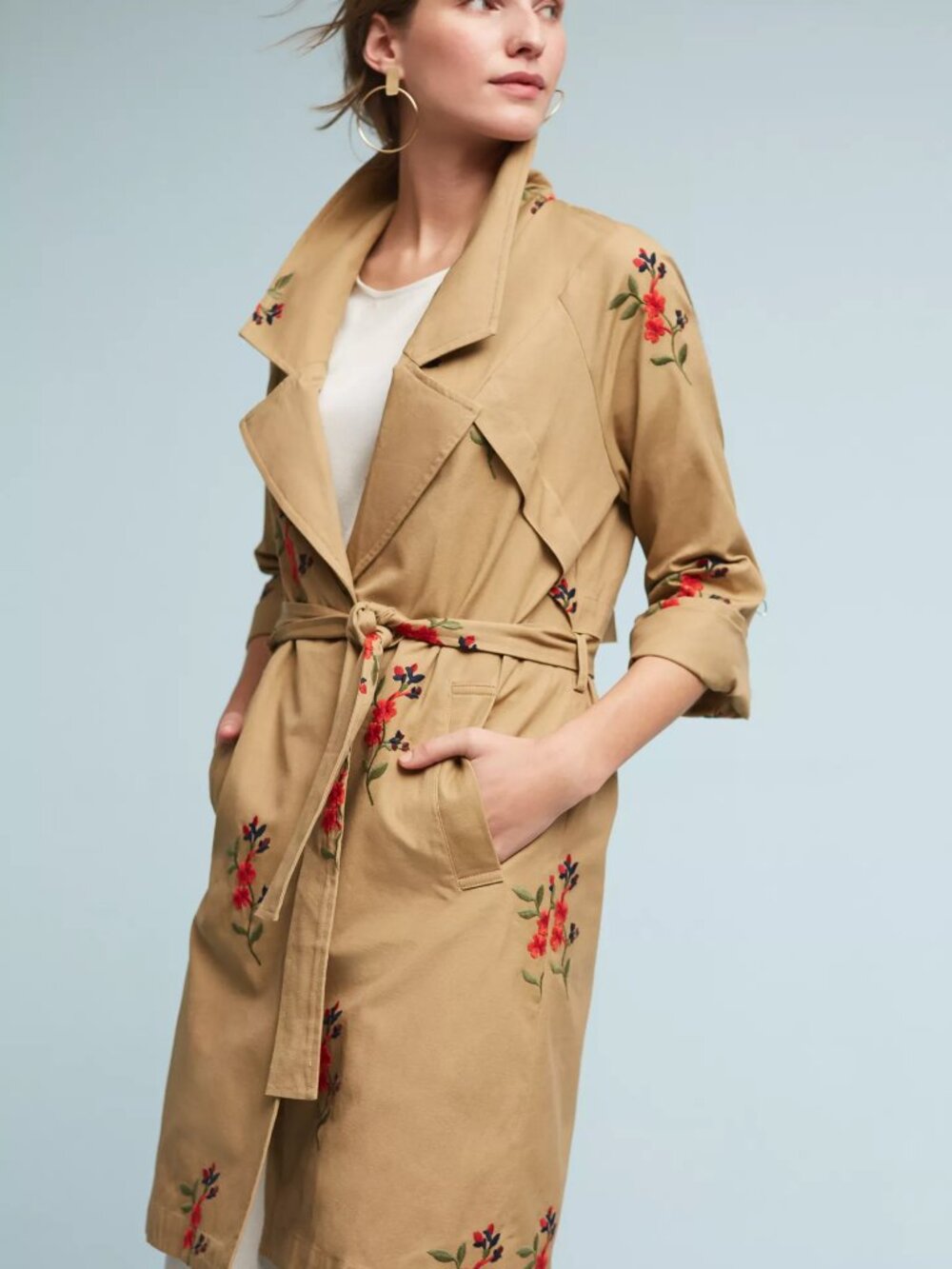 Cartonnier Anthropologie Embroidered Floral Trench Coat XS Belted